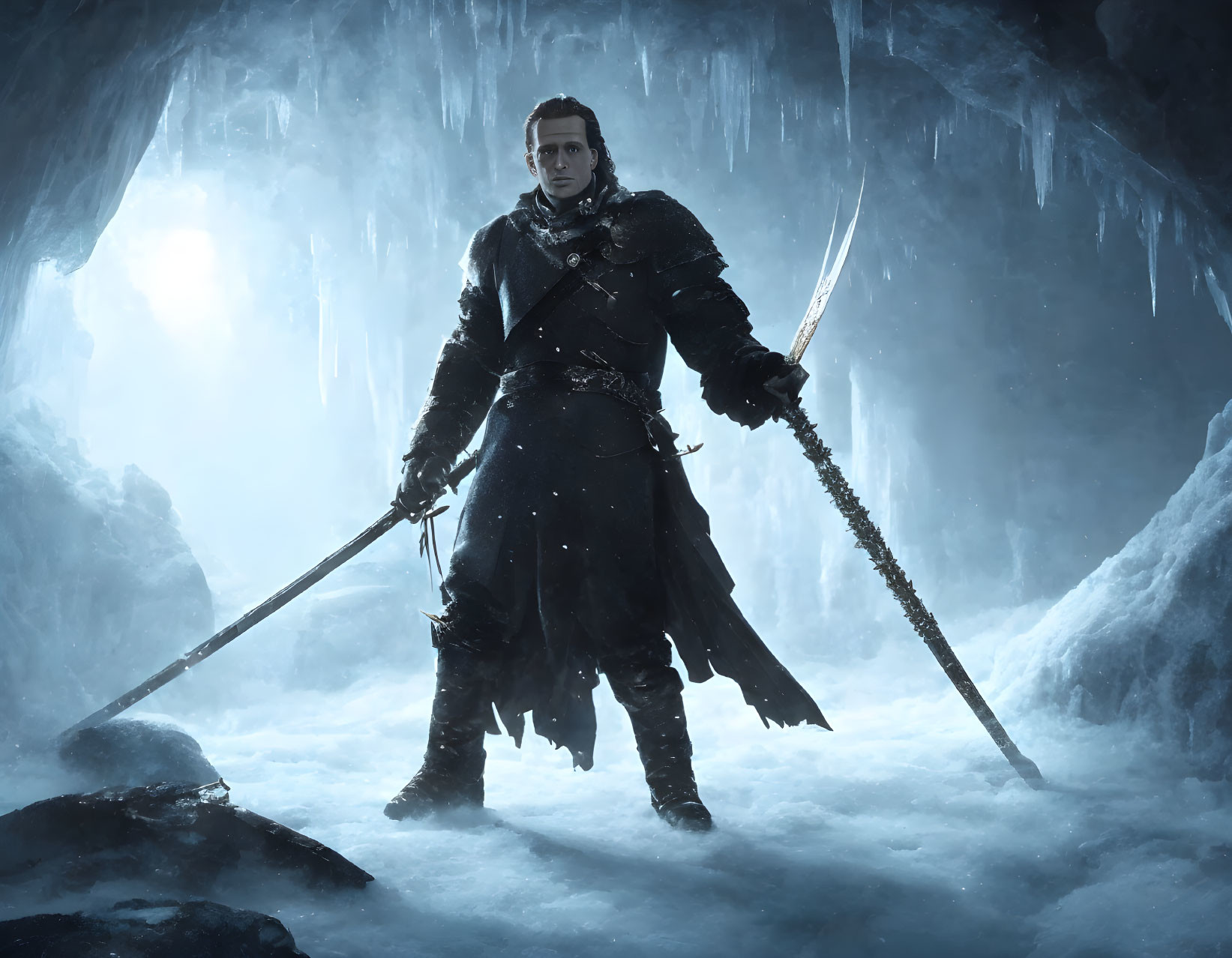 Dark Armored Figure with Sword in Icy Cavern surrounded by Stalactites