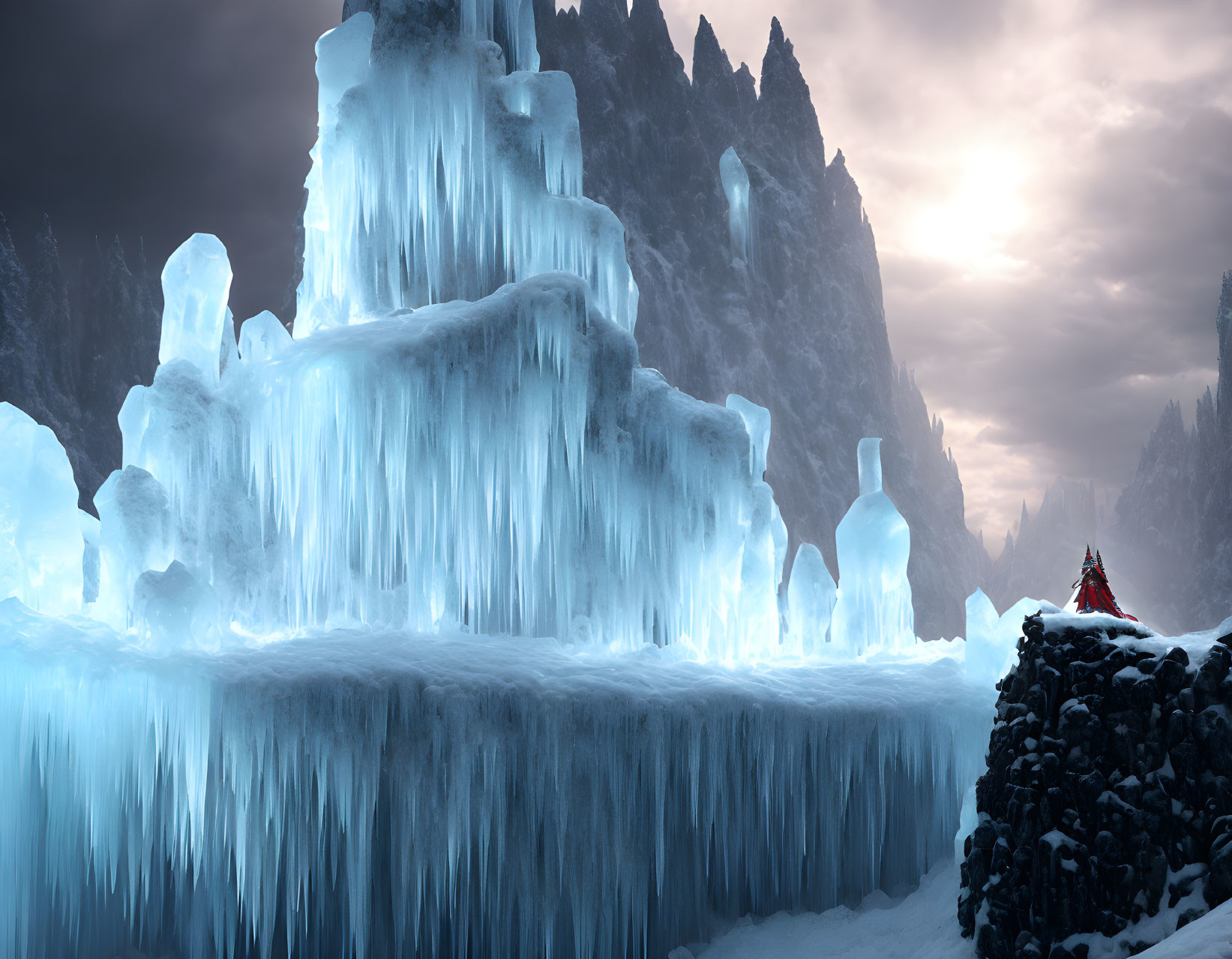 Frozen Waterfalls and Solitary Figure in Red Cloak in Mystical Icy Landscape