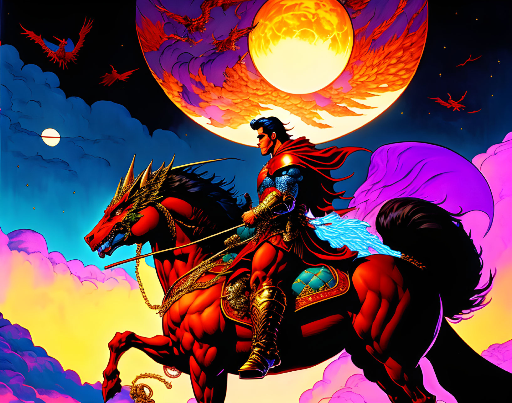 Heroic figure in blue and red costume on black horse under yellow moon with dragons in colorful sky