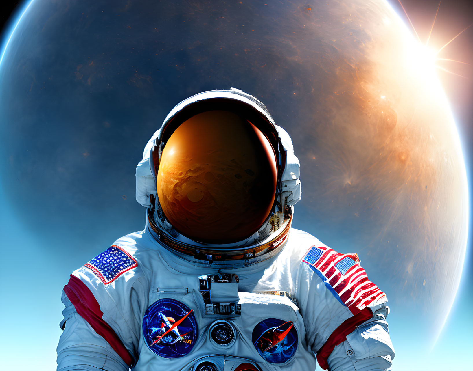 Astronaut in American flag spacesuit floating in space scene