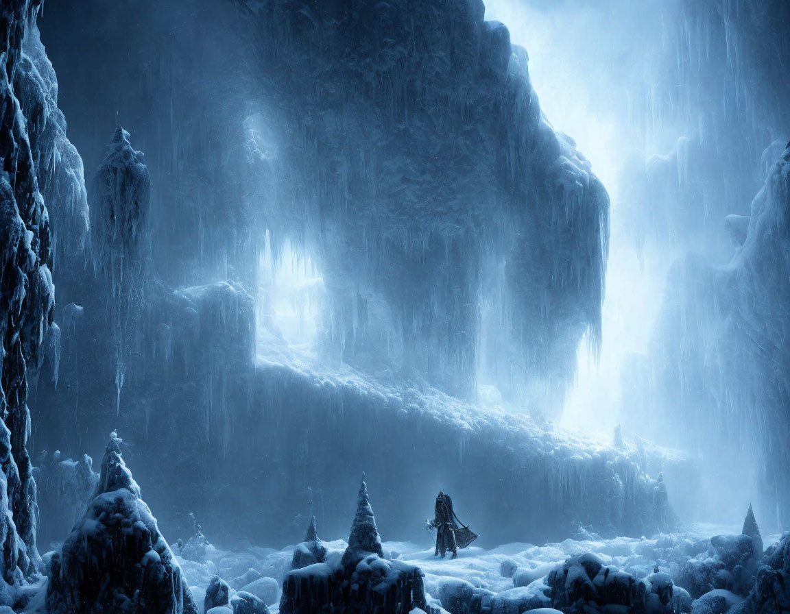 Frozen landscape with towering ice formations and snow-covered trees under mystical blue light