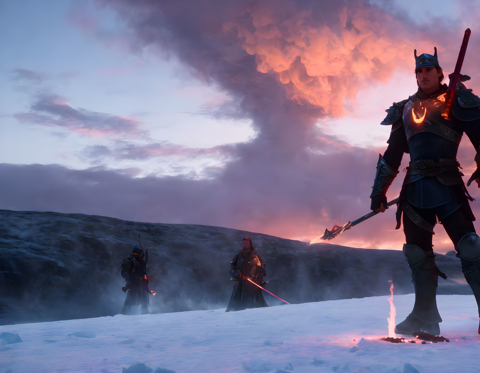 Three armored warriors in snowy landscape at dusk with fiery sky