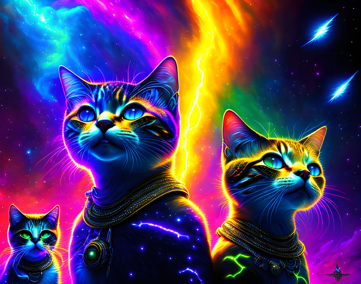 Three cats with glowing eyes and futuristic collars in cosmic setting