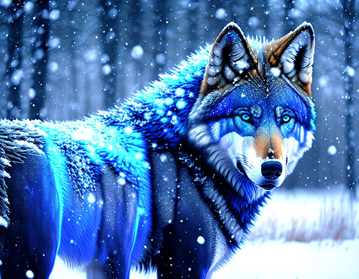 Blue Wolf in Snowy Landscape with Falling Snowflakes