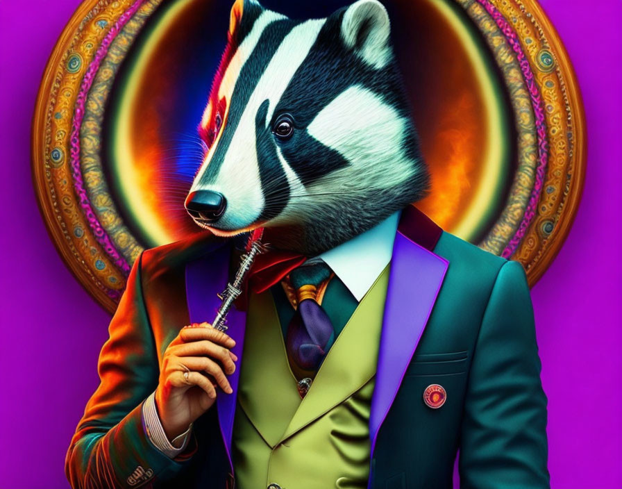Colorful Badger in Suit with Paintbrush on Ornate Purple Background