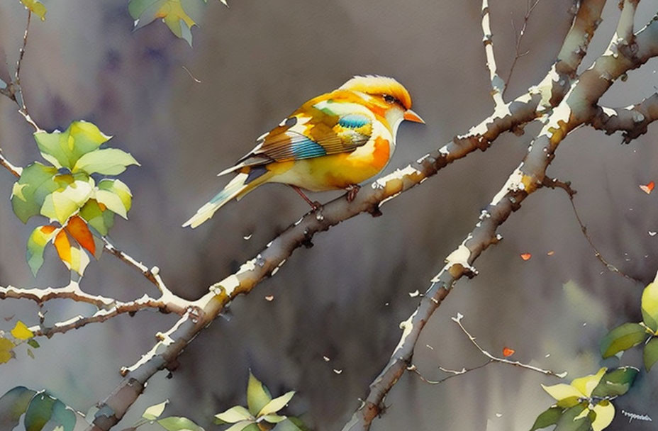 Colorful Bird Perched on Branch Among Green Leaves