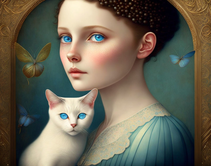 Surreal portrait of girl with blue eyes, white cat, butterflies