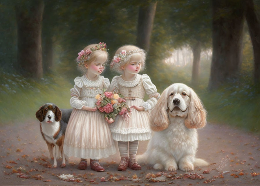 Vintage dresses girls with dogs on forest path