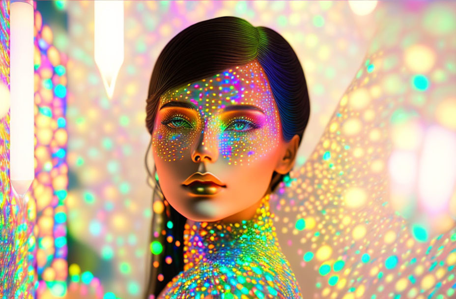 Multicolored reflective skin woman with dot patterns against vibrant bokeh light.