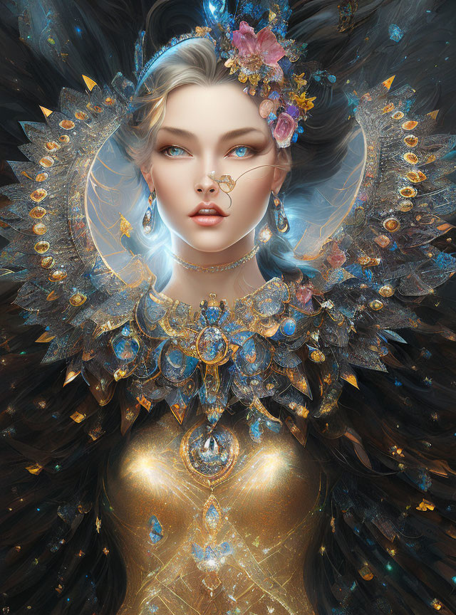 Elaborate golden jewelry and feathered accents on woman against dark background