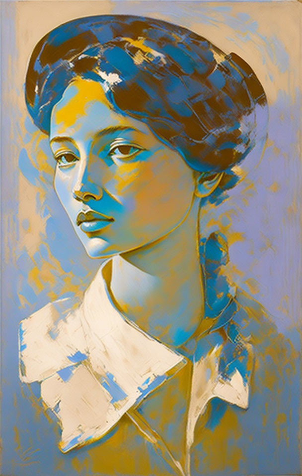 Stylized portrait of young woman in blue and yellow tones