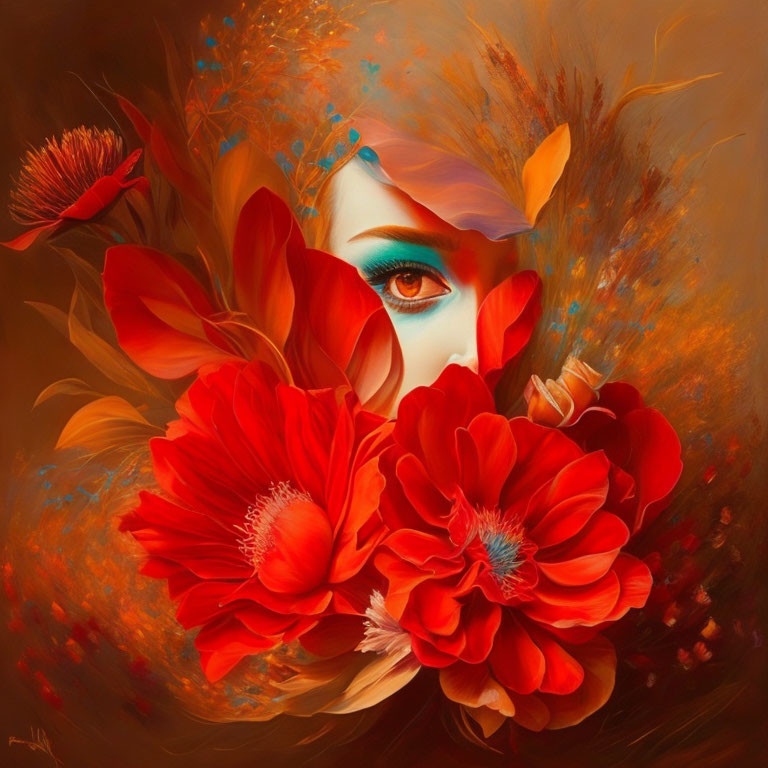 Colorful painting of woman's face with red blooms and blue eye makeup in warm palette