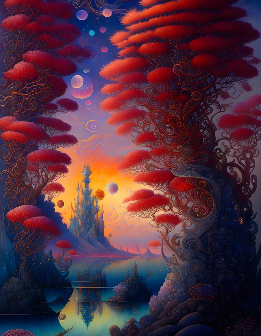 Surreal landscape with red trees, swirling patterns, reflective water, and multiple moons