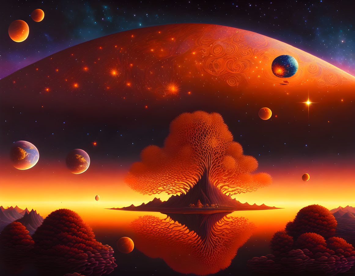 Colossal tree in vibrant sci-fi landscape with floating mountains