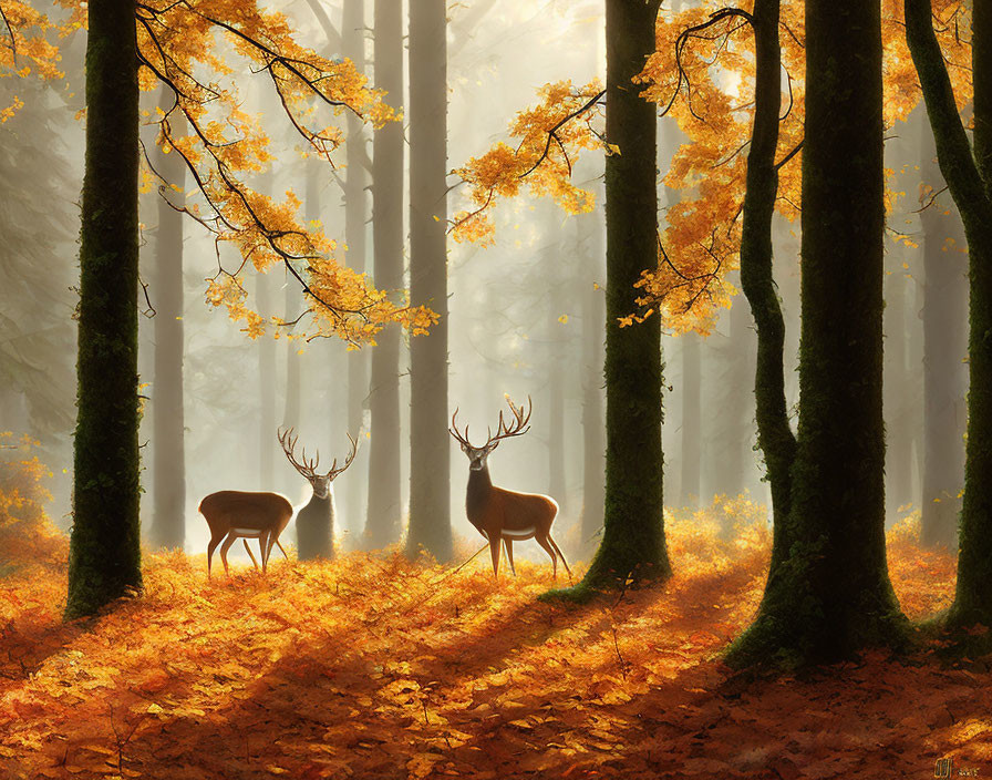 Autumn forest scene with two deer among golden leaves.