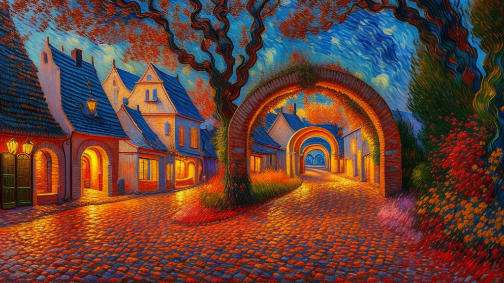 Colorful painting of cobblestone street and whimsical architecture with autumn trees and swirling sky.