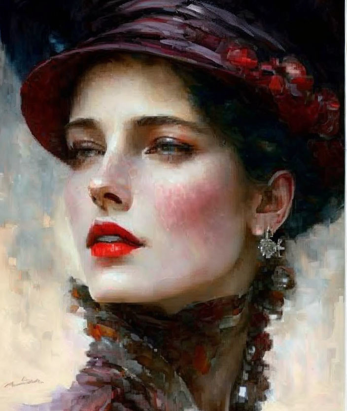 Woman Portrait with Red Flowered Hat and Impressionistic Background