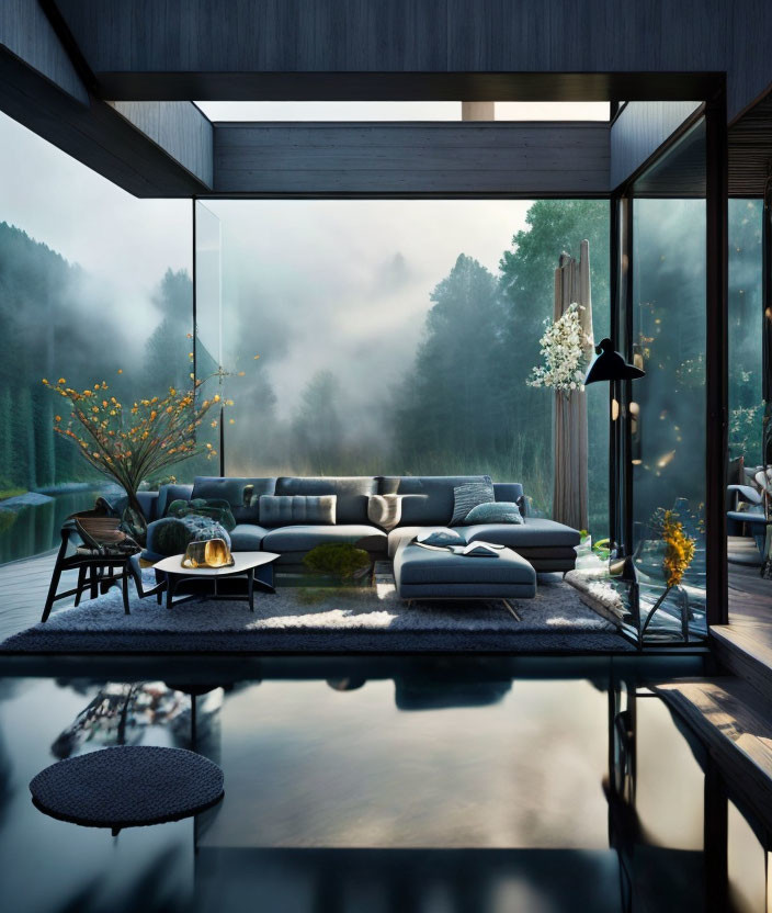 Spacious living room with forest views and elegant decor