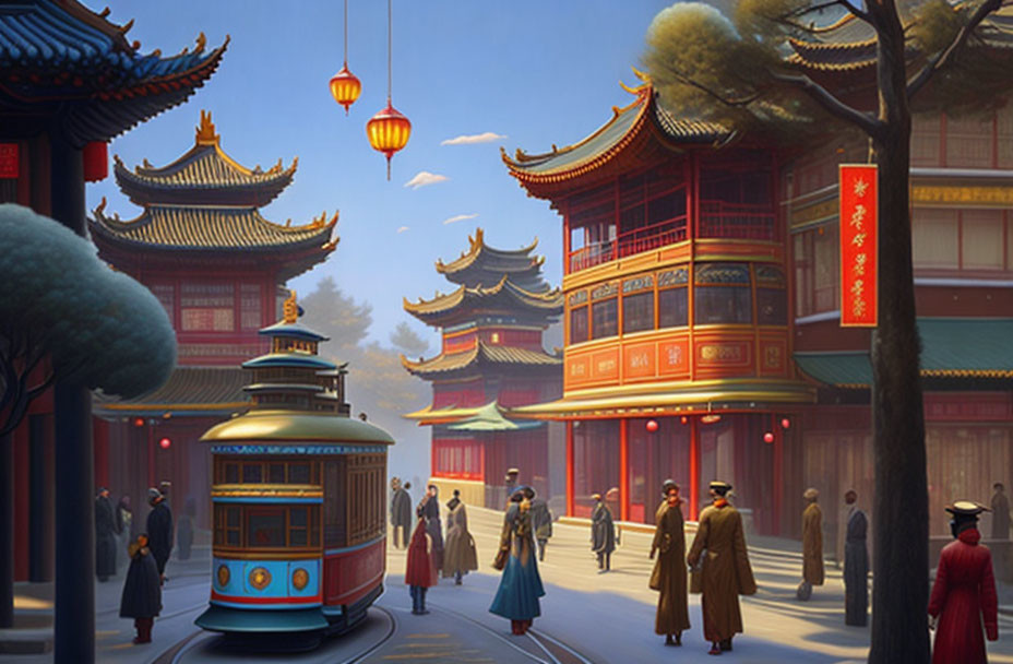 Vintage Attire and Traditional Chinese Architecture in Vibrant Street Scene