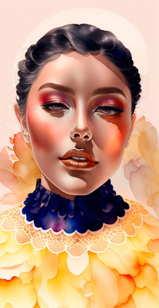 Detailed illustration of woman with glossy lips, dramatic eyeshadow, high neck lace collar, and abstract