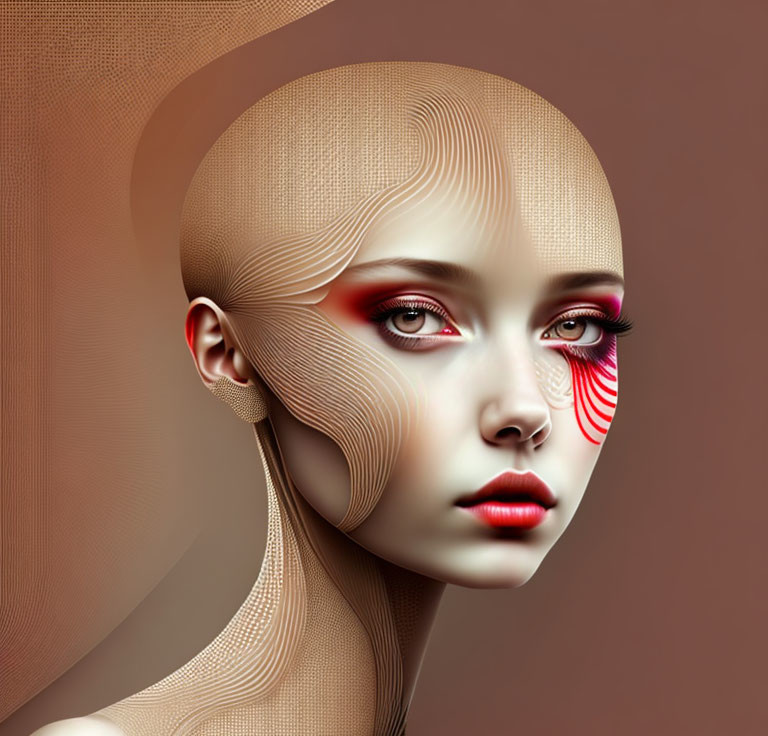 Female digital artwork with stylized features and red graphical elements