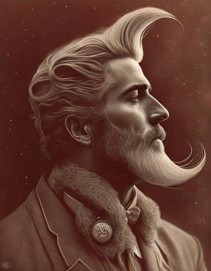 Elaborate swirling beard and mustache on man in profile.