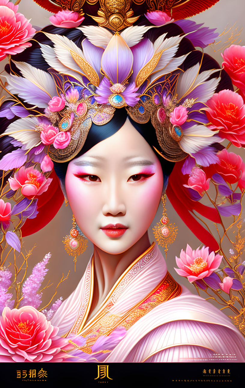 Vibrant digital artwork of woman in Asian attire with floral headgear