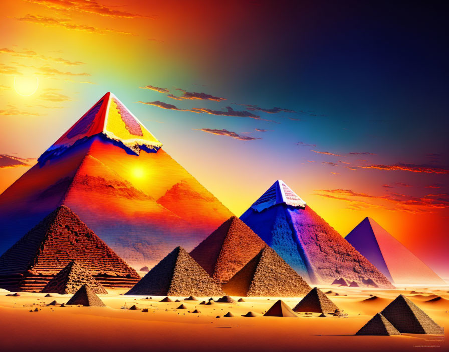 Vivid sunset over Egyptian pyramids with orange, yellow, and blue sky.