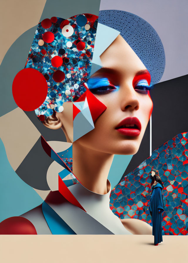 Surreal collage featuring woman's face, vibrant makeup, geometric shapes, and figure in blue cloak