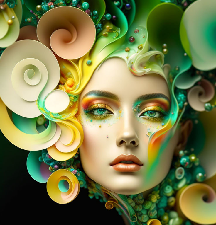 Vivid surreal portrait of a woman with swirling colors and abstract shapes