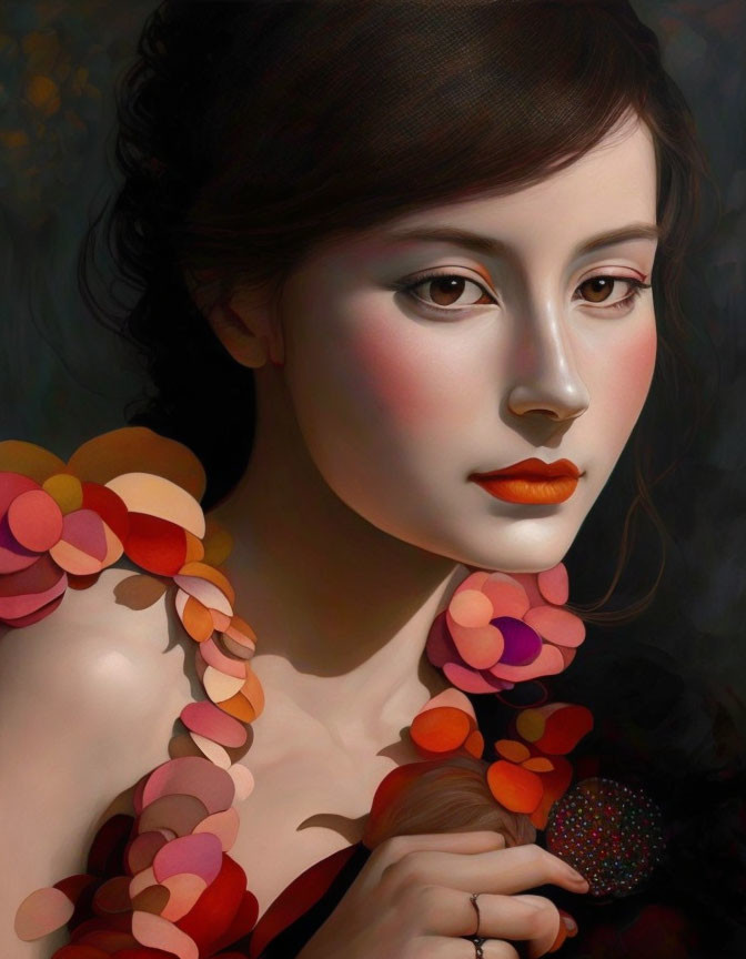 Detailed painting of serene woman with colorful petal-like collar holding a flower