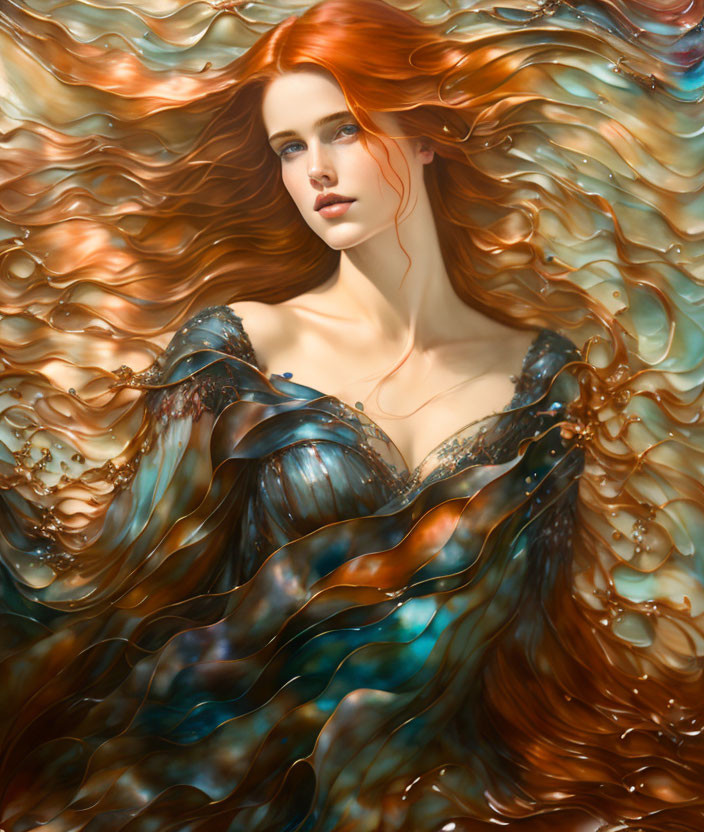 Stylized image: Woman with red hair and blue dress among abstract waves