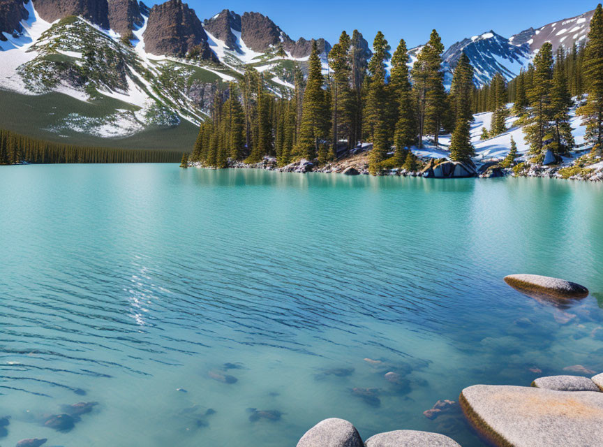 Turquoise Lake with Snow-Capped Mountains and Pine Forest