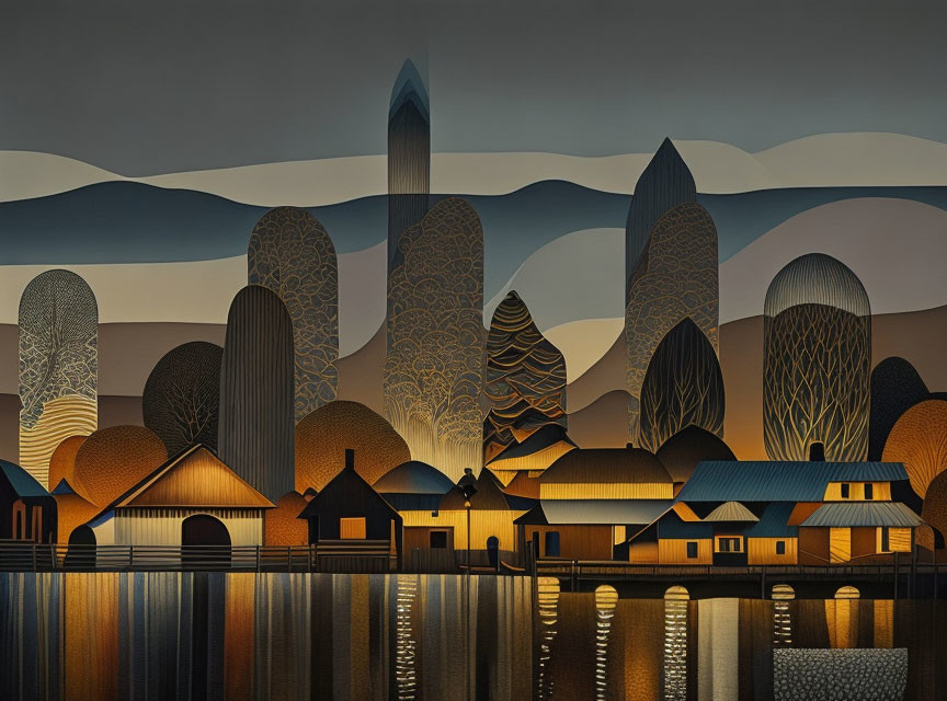 Stylized artwork of lakeside village with textured high-rise buildings.