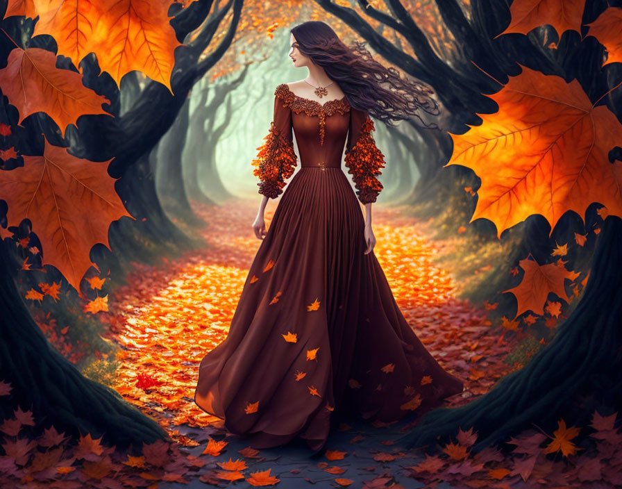 Woman in flowing brown dress in mystical autumnal forest with falling leaves