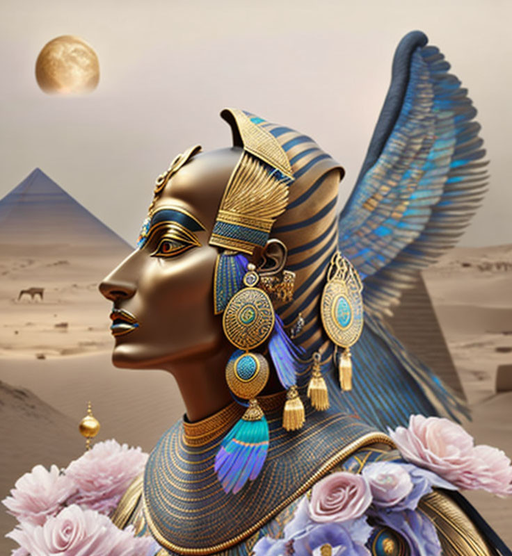 Egyptian queen portrait with gold jewelry and winged shoulders in desert pyramid setting under golden moon.