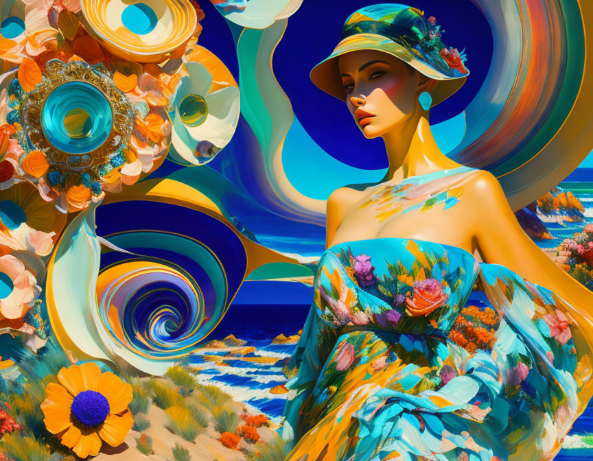 Colorful digital artwork of woman in floral dress with hat in abstract setting