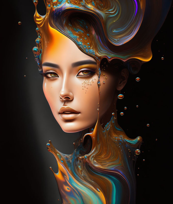 Vibrant digital portrait of woman with surreal flowing hair in swirling colors