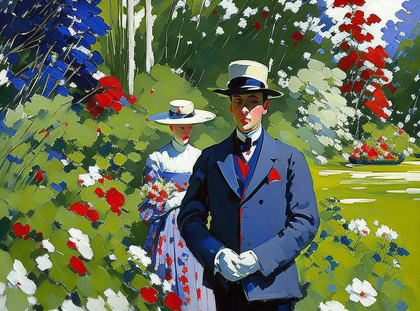 Edwardian-era couple in elegant attire surrounded by vibrant floral scenery