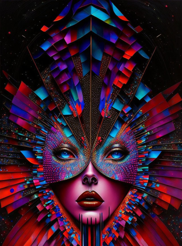 Colorful cosmic face art with geometric headdress in blues and purples