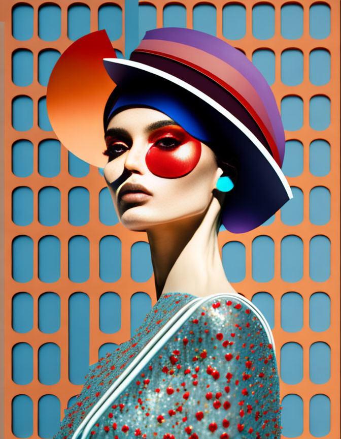 Multicolored hat, red eye makeup, sequined outfit on stylish woman pose.