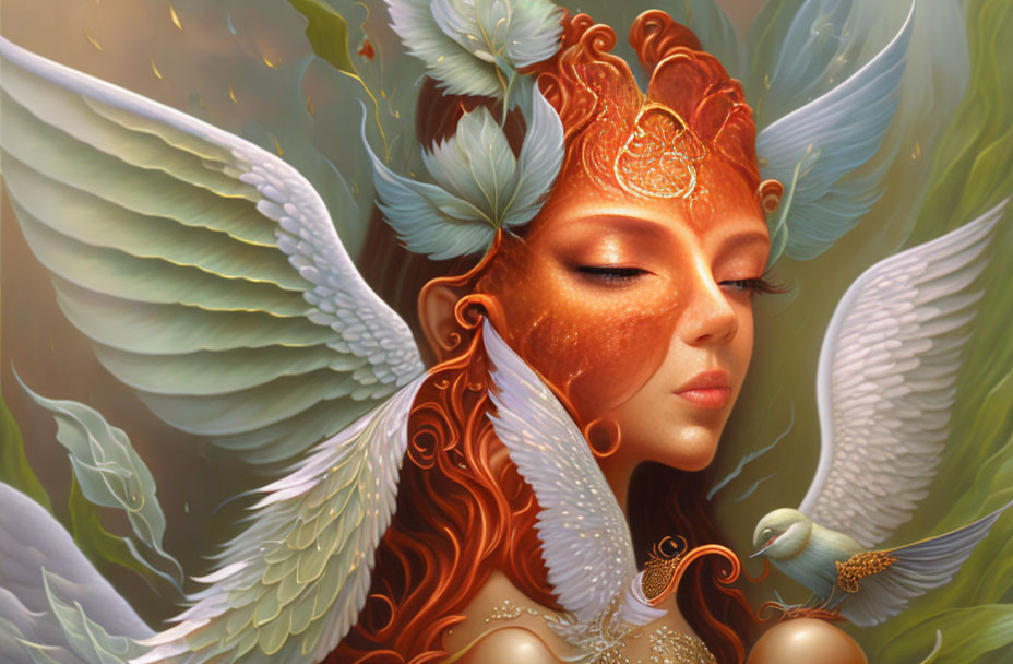 Fantasy-themed illustration of a woman with ornate orange hair and white bird wings.