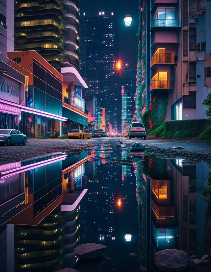 Vibrant neon-lit city street at night with building lights reflecting on water, parked cars,