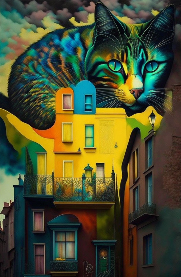 Colorful Cat with Blue Eyes in Whimsical Street Scene