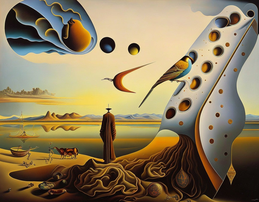 Surreal desert-sea painting: bird, melting clock, boats, horses, fantastical elements