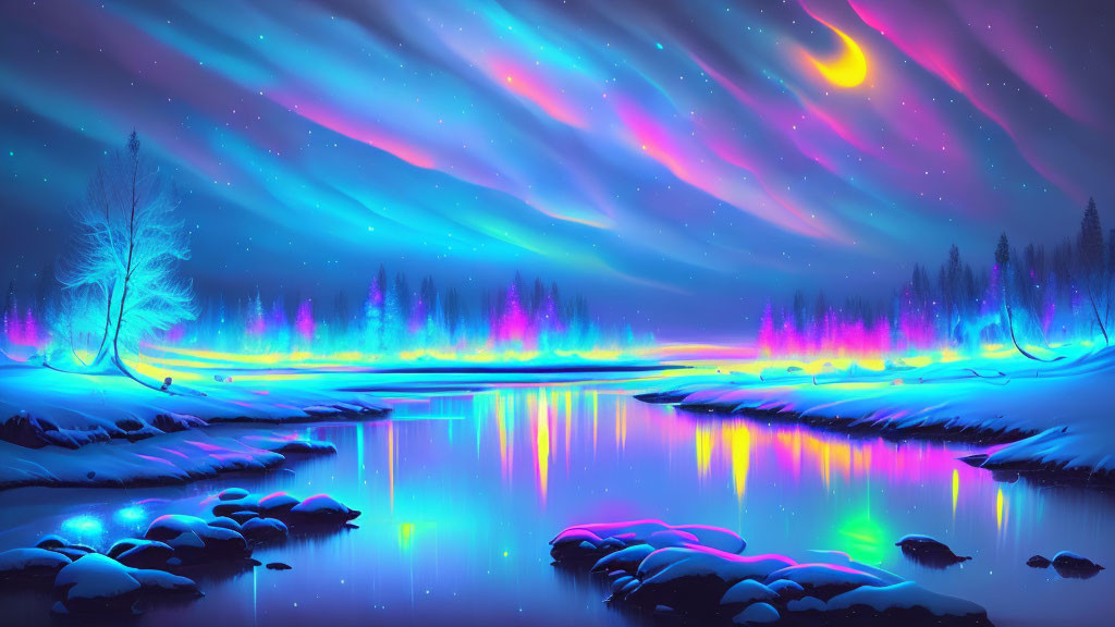 Northern Lights Illuminate Winter Landscape with Reflective River