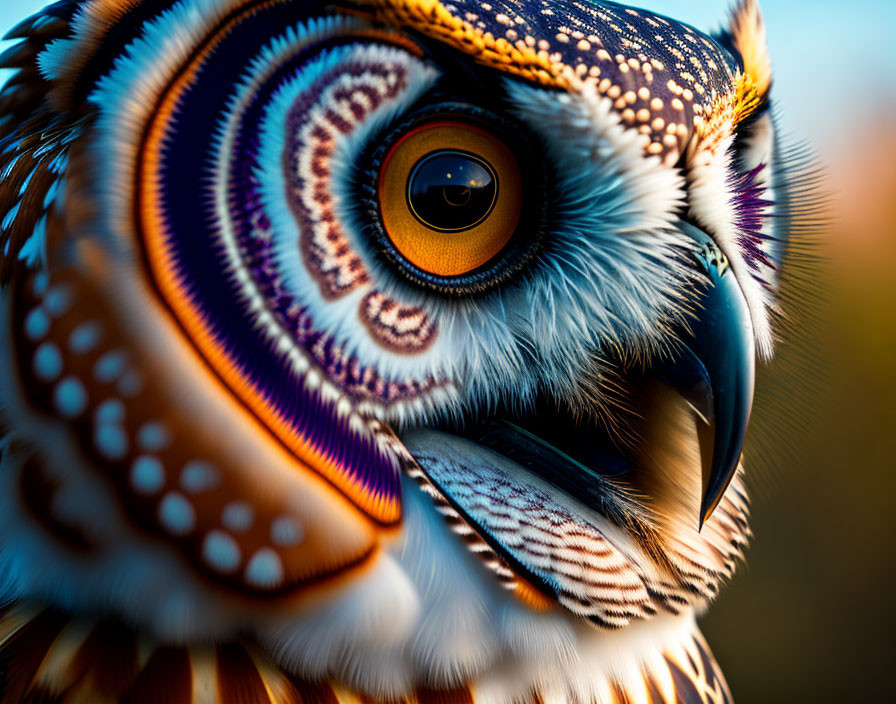 Detailed Close-Up of Owl's Vibrant Plumage and Focused Yellow Eye