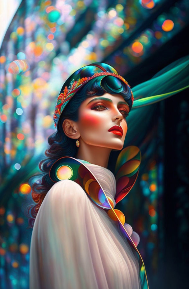 Colorful Digital Artwork: Woman with Vibrant Makeup and Ornate Headband