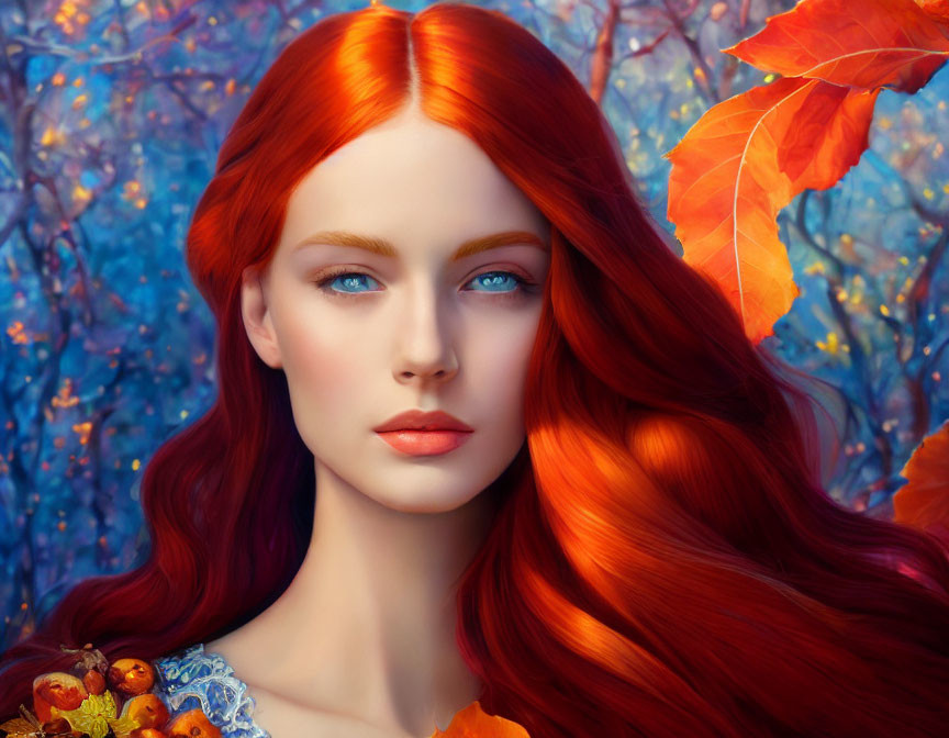 Vibrant red-haired woman in autumn setting with colorful backdrop