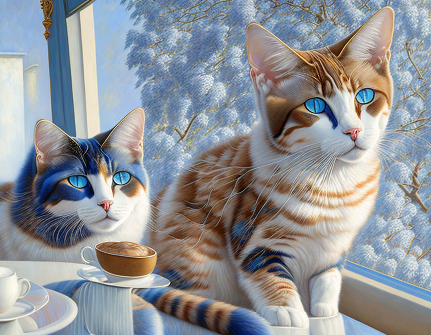 Two Cats with Blue Eyes by Snowy Window and Coffee Cup